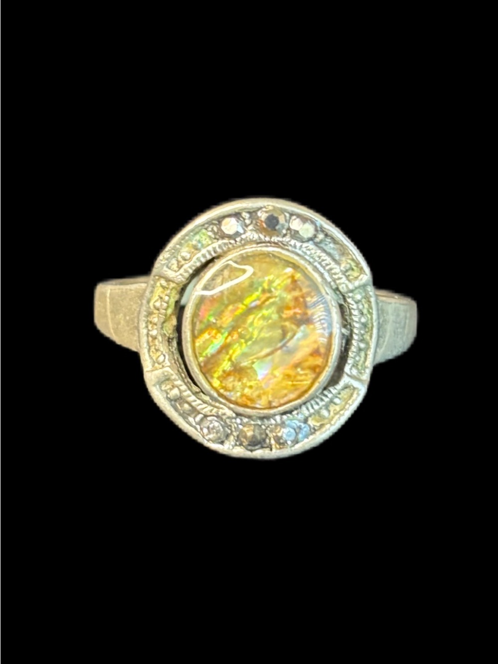 Silver-Tone Faux Yellow Opal Halo Ring
